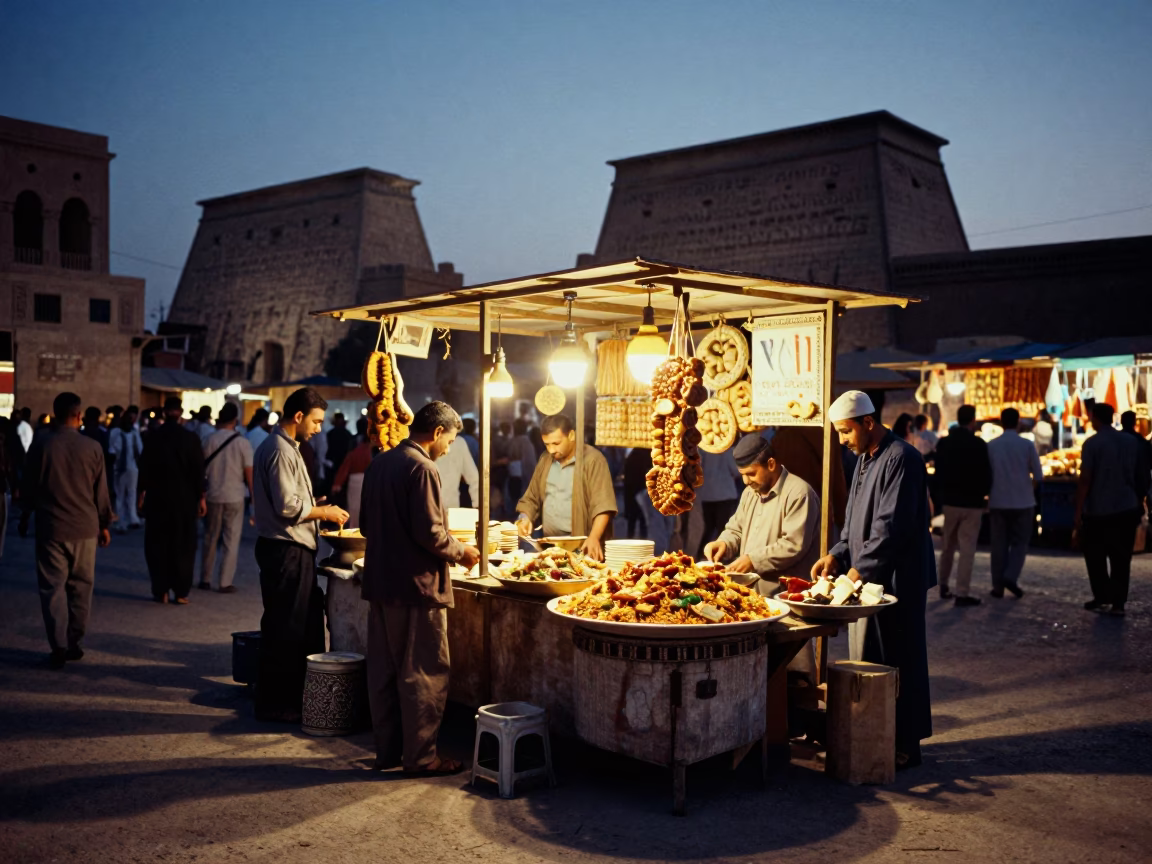 Market Stall in Luxor at Indigo Twilight After Sunset in in Luxor, Egypt