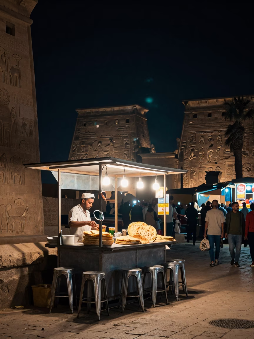 Market Stall in Luxor at The Deepest Night Sky Light in in Luxor, Egypt