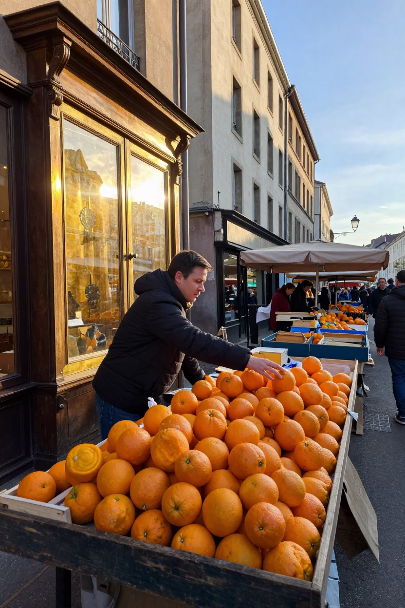 Market Stall in Lyon at As First Light Reaches The Scene in in Lyon, France