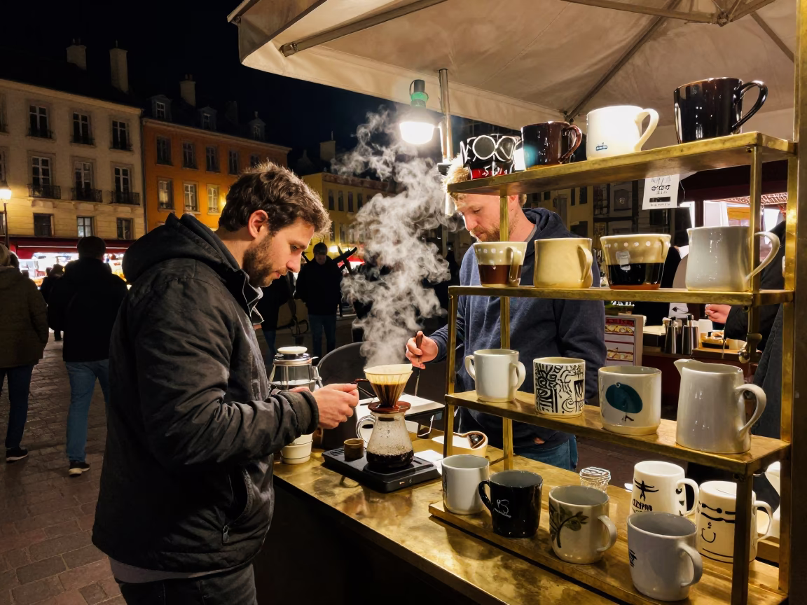 Market Stall in Lyon at Deep In The Night Light in in Lyon, France