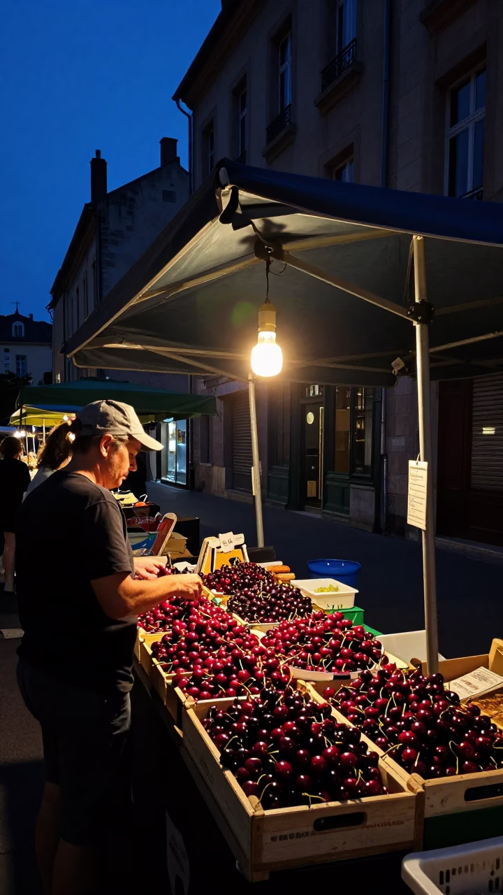 Market Stall in Lyon at The Predawn Darkness Light in in Lyon, France