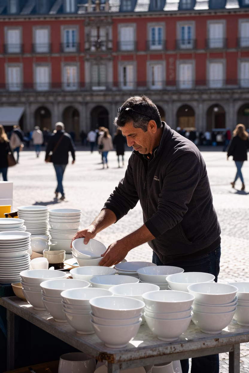 Market Stall in Madrid at Bright Midmorning Light in in Madrid, Spain