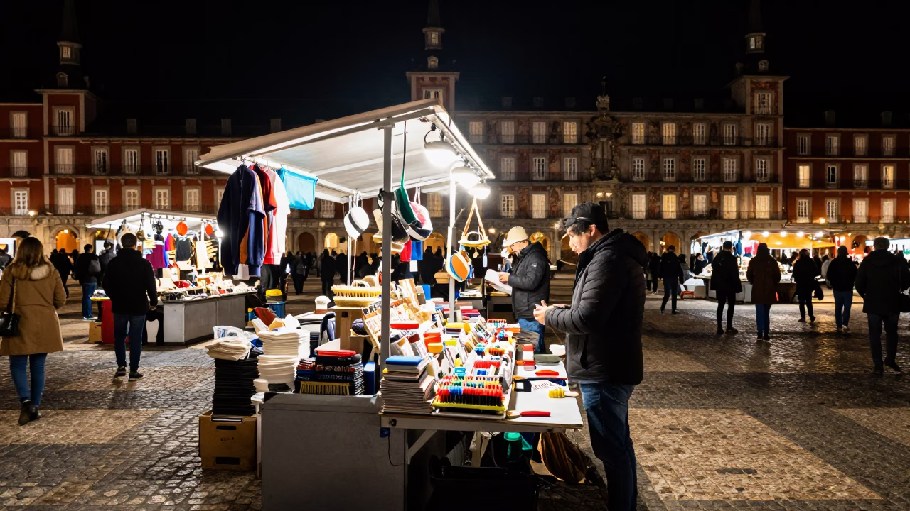 Market Stall in Madrid at Deep In The Night Light in in Madrid, Spain