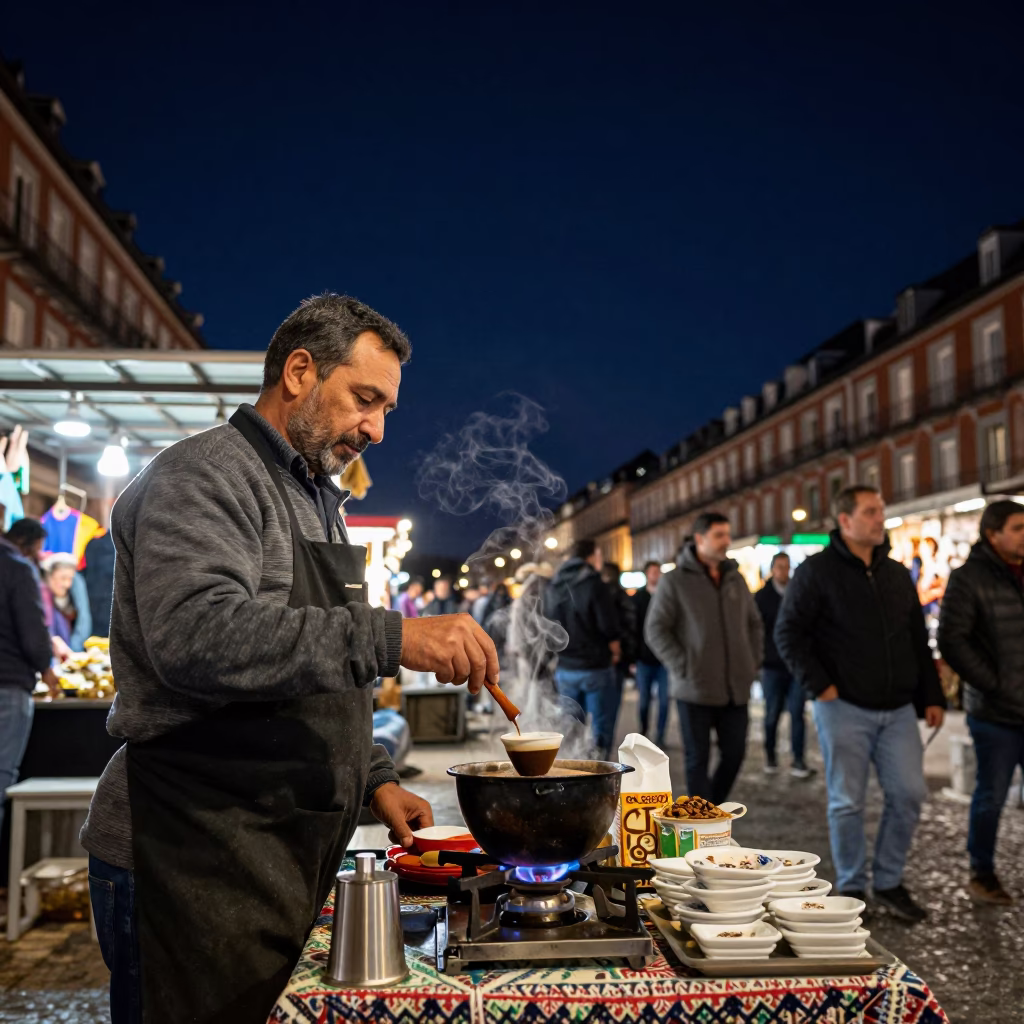 Market Stall in Madrid at The Deepest Night Sky Light in in Madrid, Spain