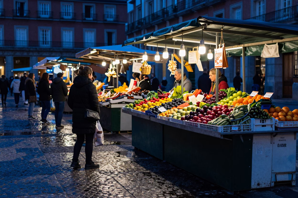 Market Stall in Madrid at The Still Hours Before Dawn Light in in Madrid, Spain