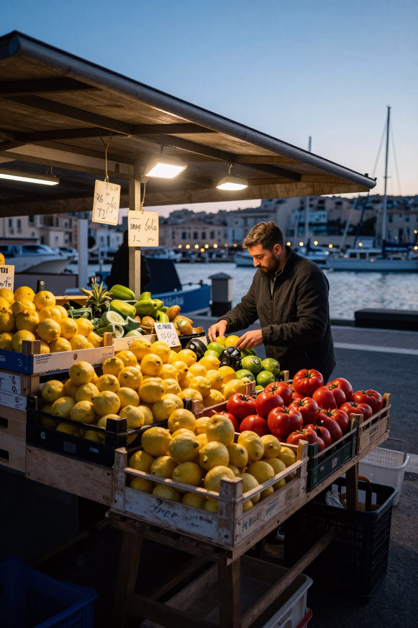 Market Stall in Marseille at Sunrise Light in in Marseille, France
