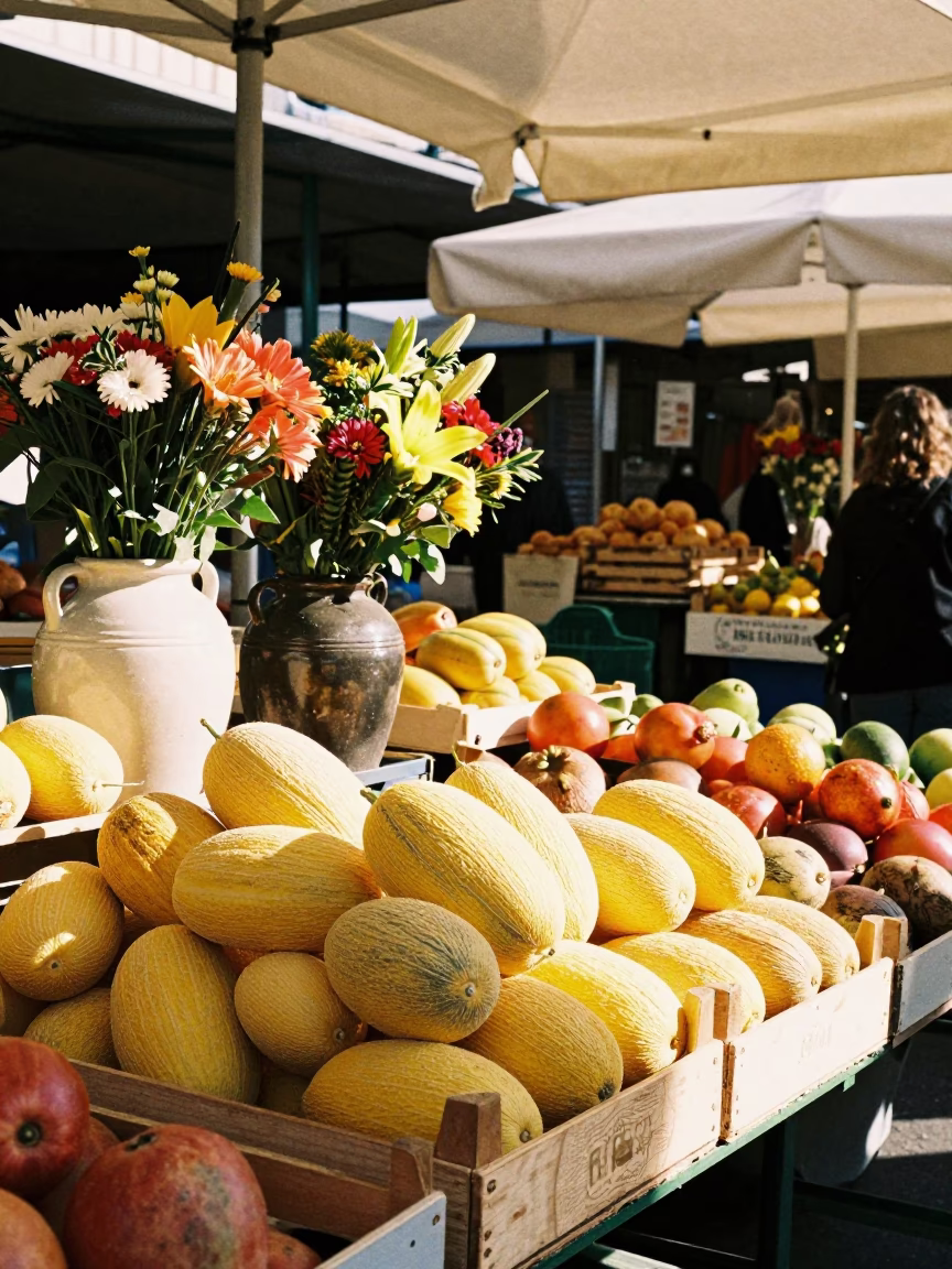 Market Stall in Milan at Bright Midmorning Light in in Milan, Italy