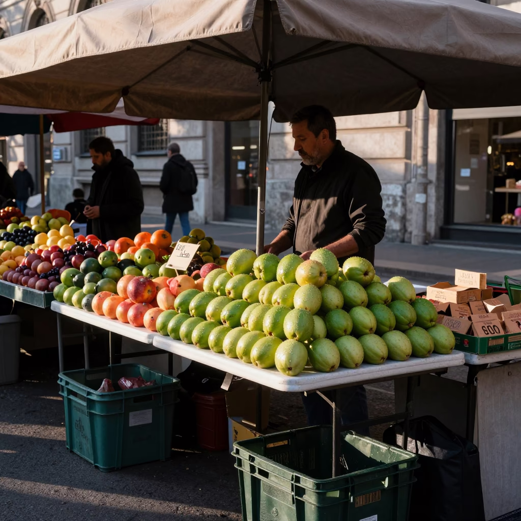 Market Stall in Milan at Clear Late-afternoon Light in in Milan, Italy