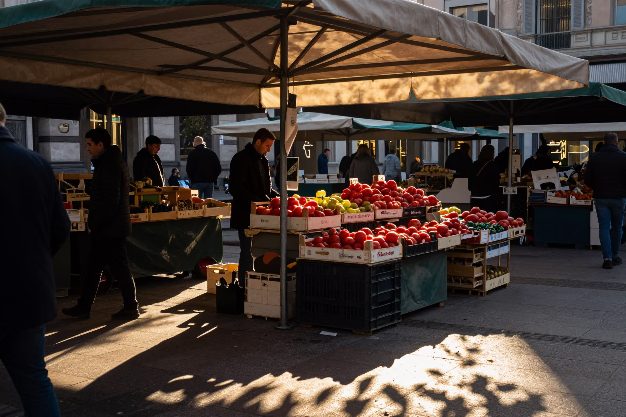 Market Stall in Milan at First Light Of Dawn in in Milan, Italy