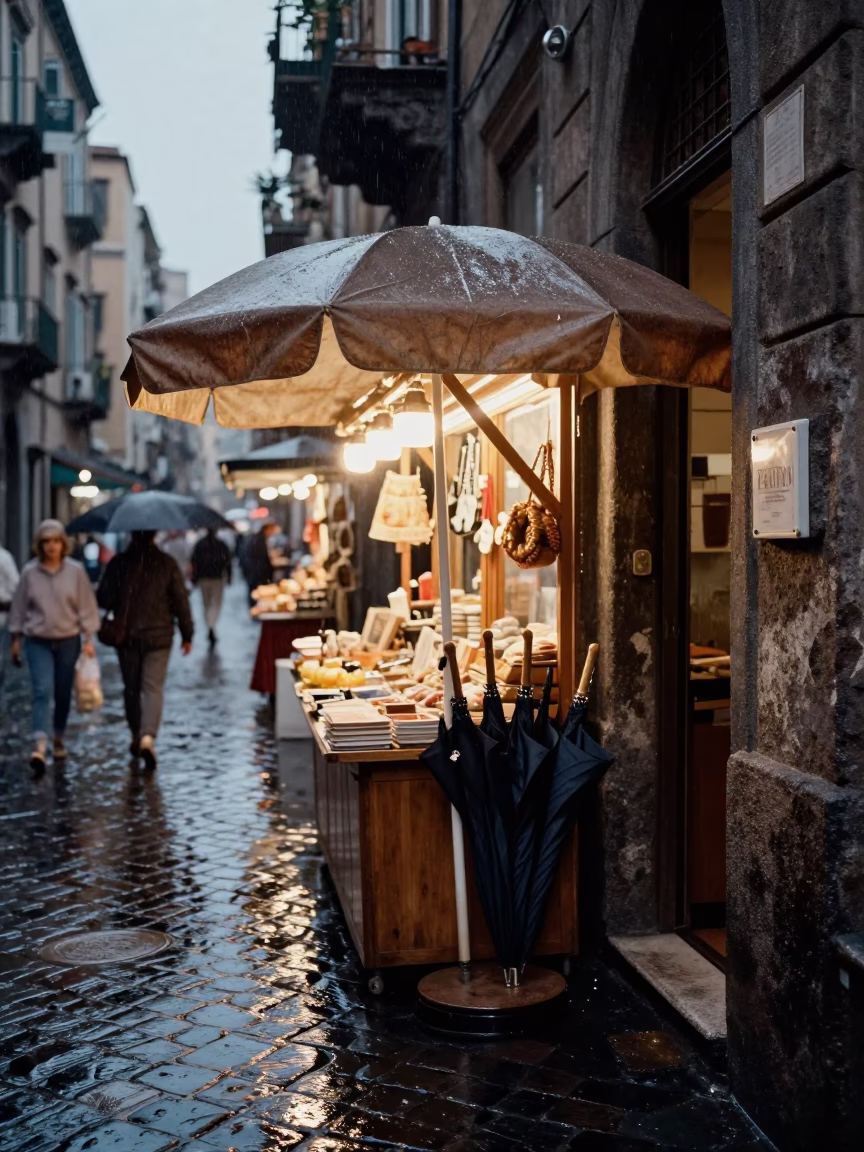 Market Stall in Naples at Dusk Light in in Naples, Italy