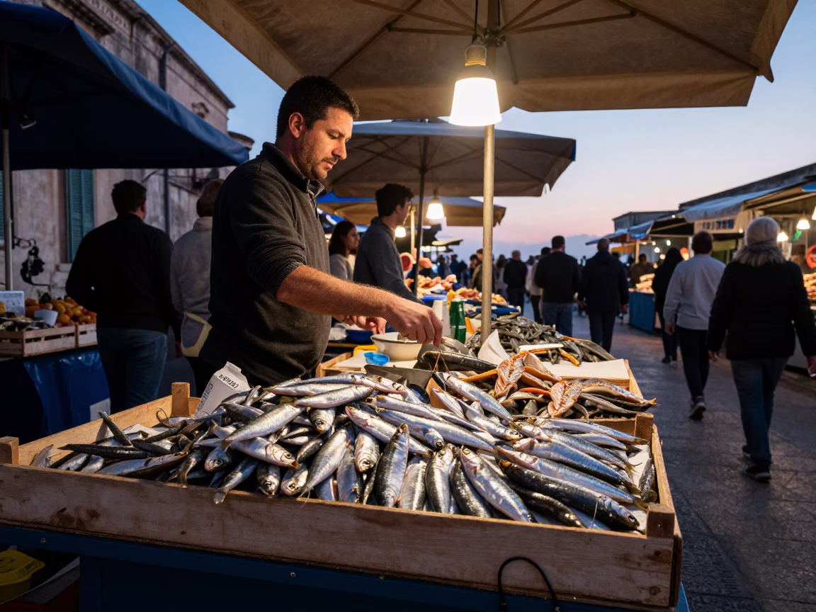 Market Stall in Palermo at Nautical Dawn Light in in Palermo, Italy