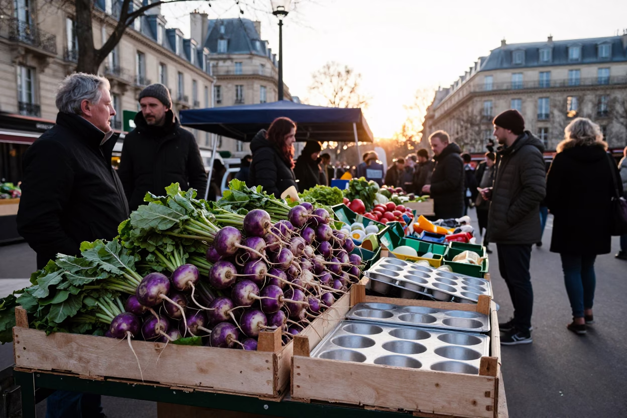 Market Stall in Paris at As First Light Reaches The Scene in in Paris, France