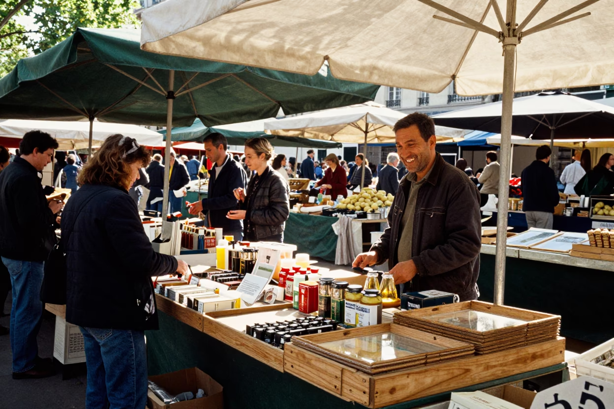 Market Stall in Paris at Bright Midmorning Light in in Paris, France