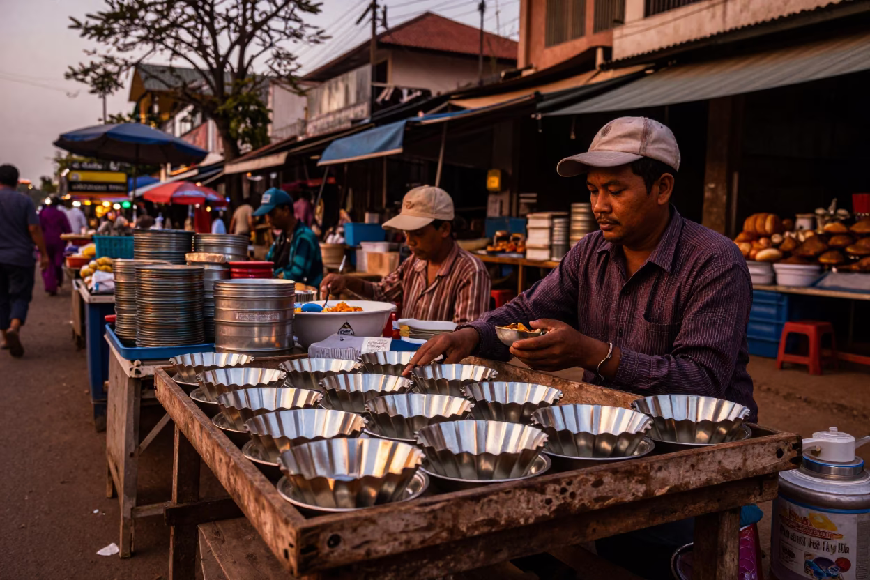 Market Stall in Phnom Penh at Copper-toned Light Before Dusk in in Phnom Penh, Cambodia
