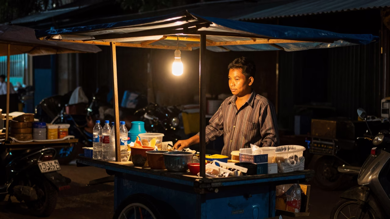 Market Stall in Phnom Penh at Deep In The Night Light in in Phnom Penh, Cambodia