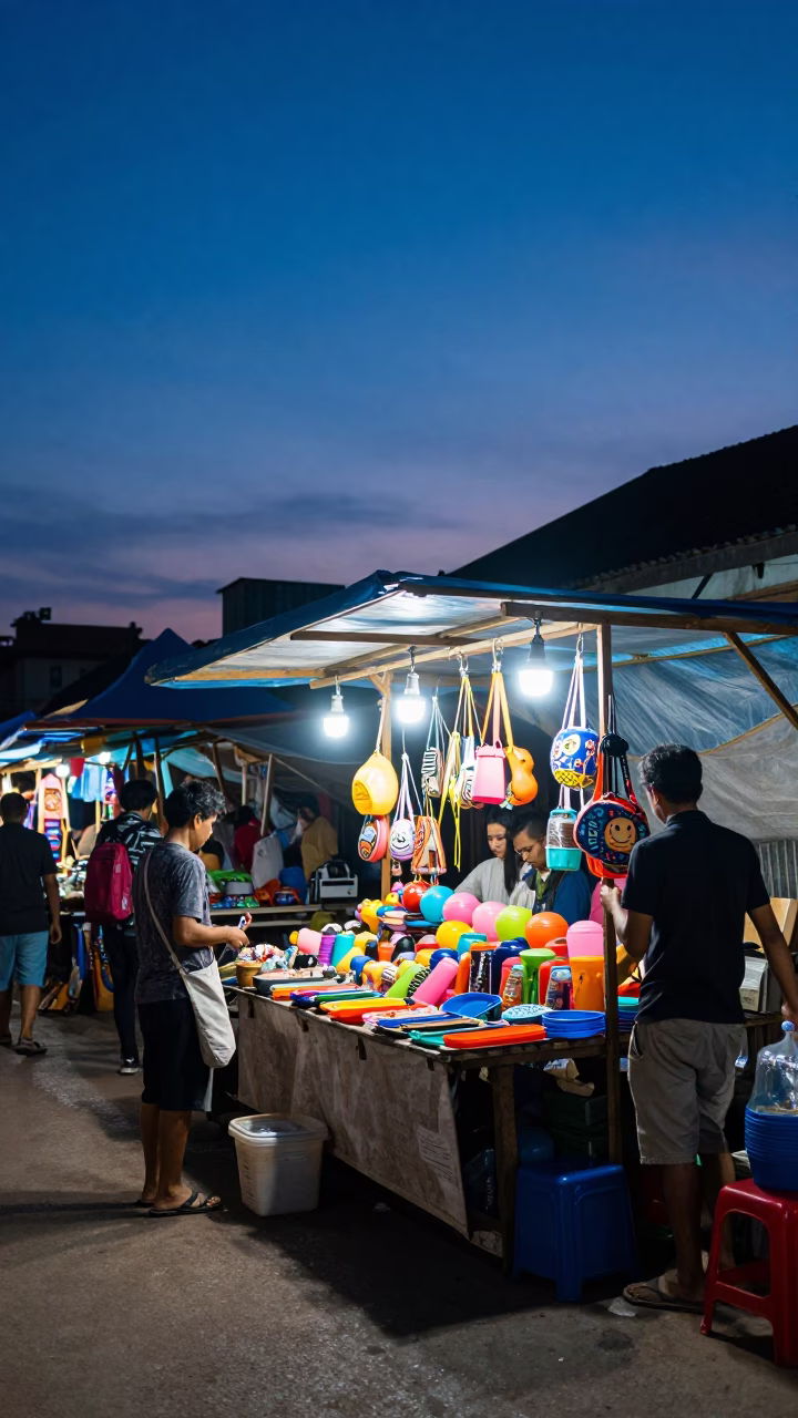 Market Stall in Phnom Penh at Indigo Twilight After Sunset in in Phnom Penh, Cambodia