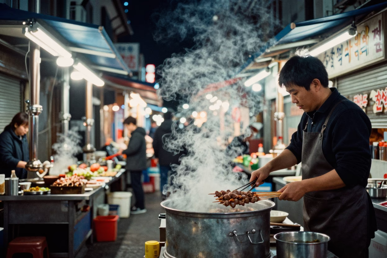 Market Stall in Seoul at The Deepest Night Sky Light in in Seoul, South Korea