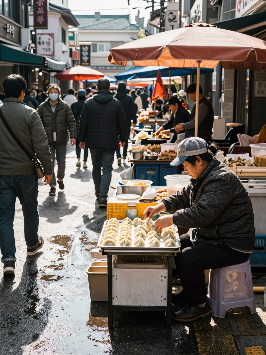 Market Stall in Seoul at The Flat Glare Of Noon Light in in Seoul, South Korea