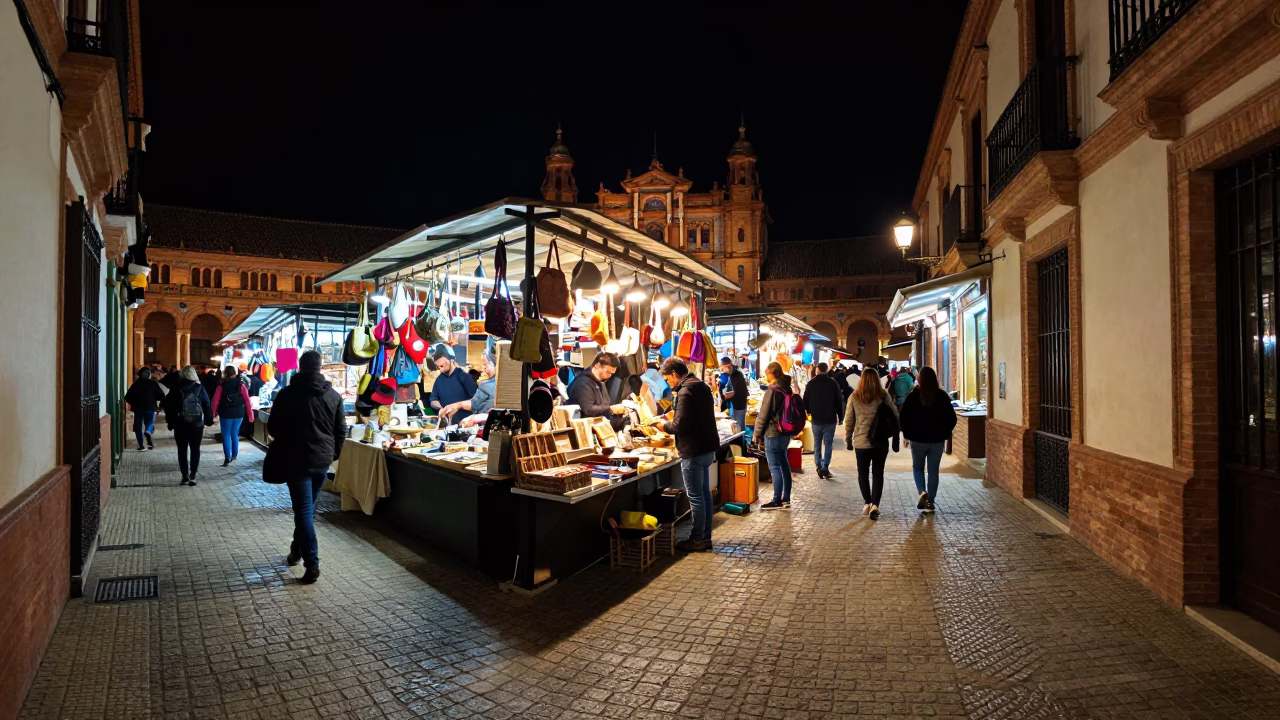 Market Stall in Seville at Deep In The Night Light in in Seville, Spain