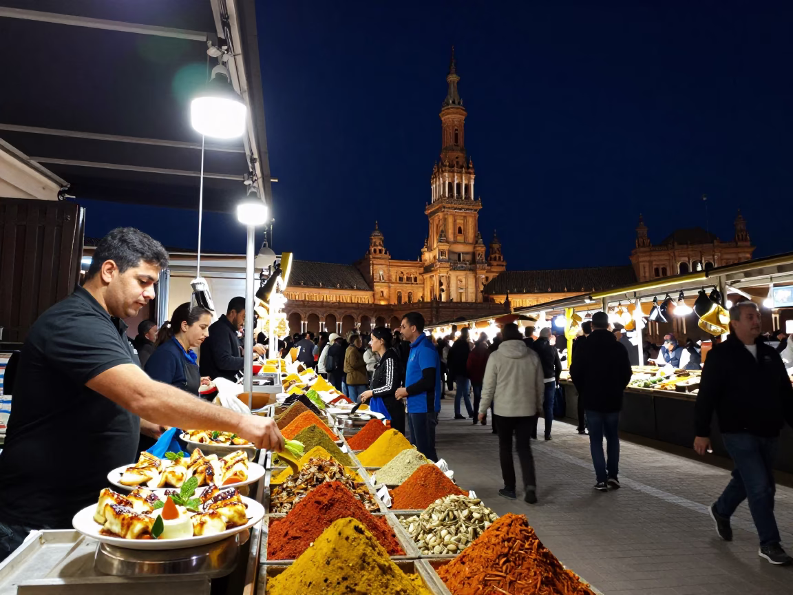 Market Stall in Seville at The Deepest Night Sky Light in in Seville, Spain