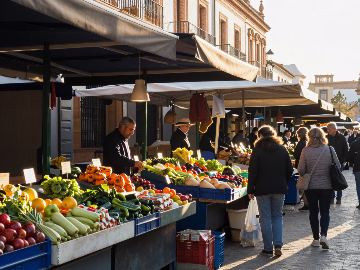 Market Stall in Seville at The Early Morning Light in in Seville, Spain
