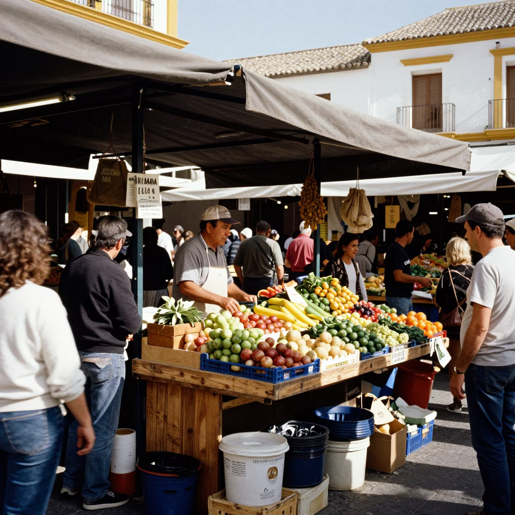 Market Stall in Seville at The Flat Glare Of Noon Light in in Seville, Spain