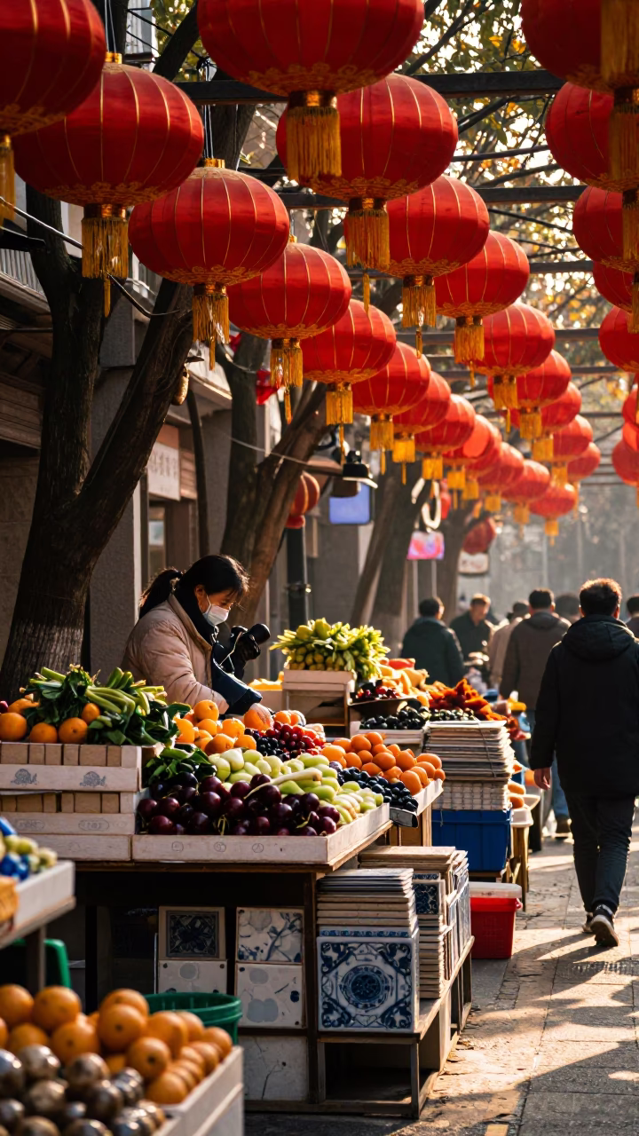 Market Stall in Shanghai at As First Light Reaches The Scene in in Shanghai, China