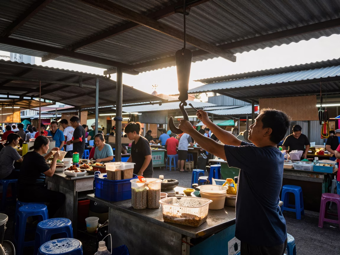 Market Stall in Singapore at As First Light Reaches The Scene in in Singapore, Singapore