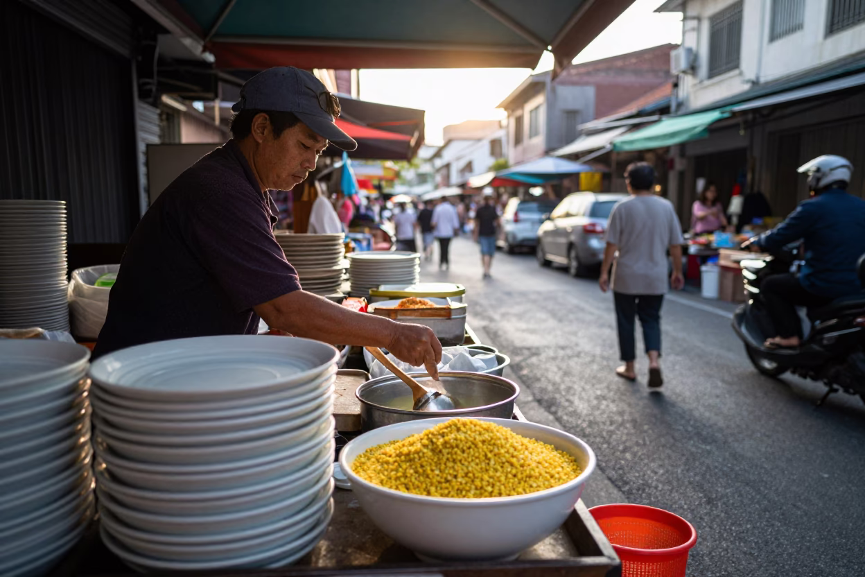 Market Stall in Tainan at As First Light Reaches The Scene in in Tainan, Taiwan