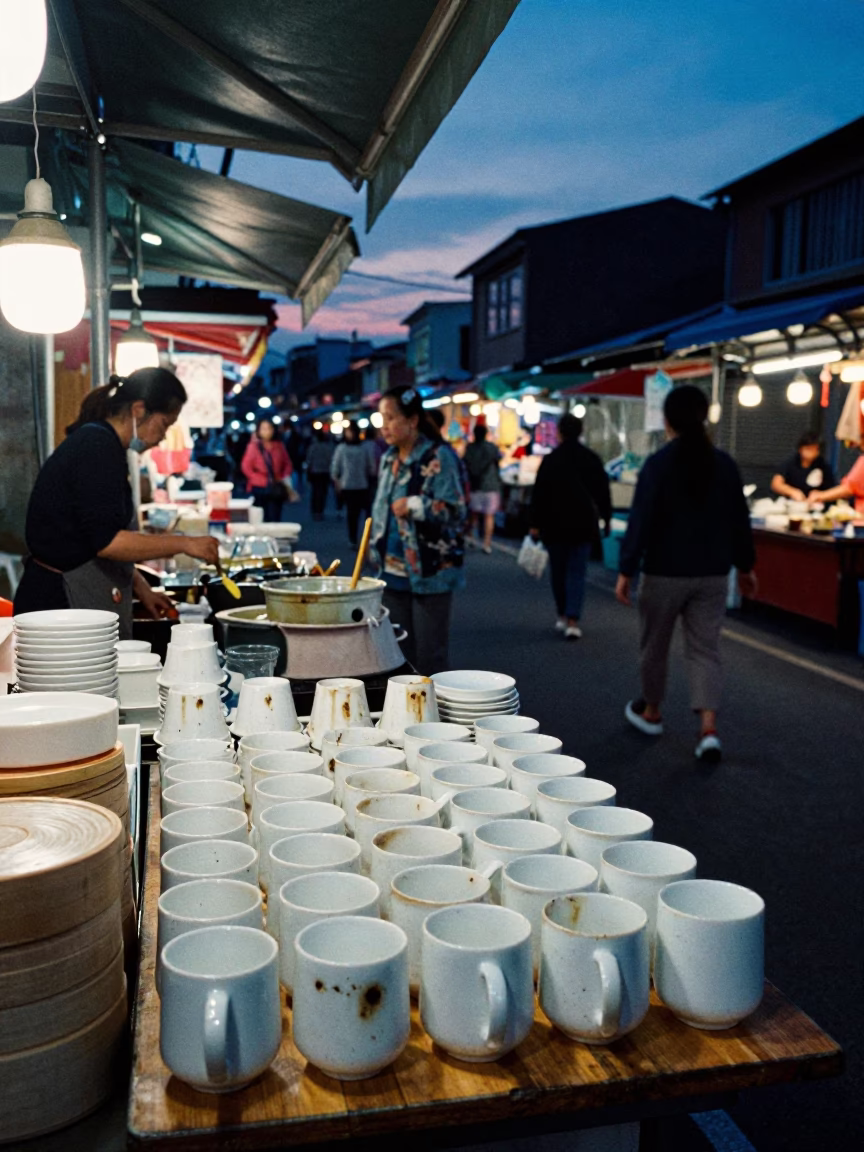 Market Stall in Tainan at Nautical Dawn Light in in Tainan, Taiwan