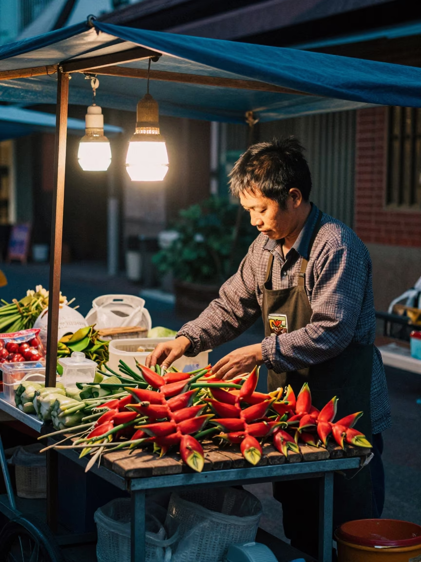 Market Stall in Tainan at The Predawn Darkness Light in in Tainan, Taiwan