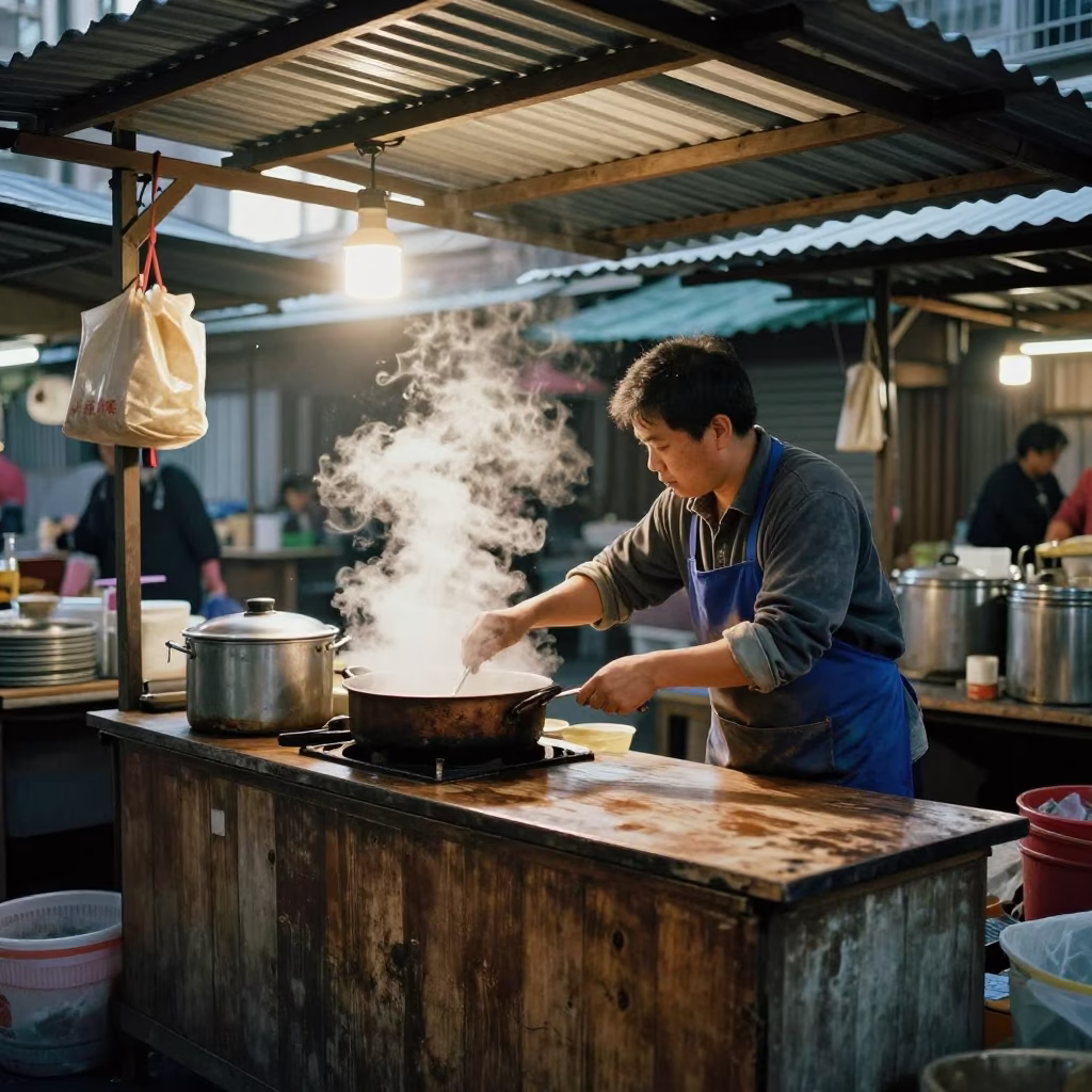 Market Stall in Taipei at As First Light Reaches The Scene in in Taipei, Taiwan