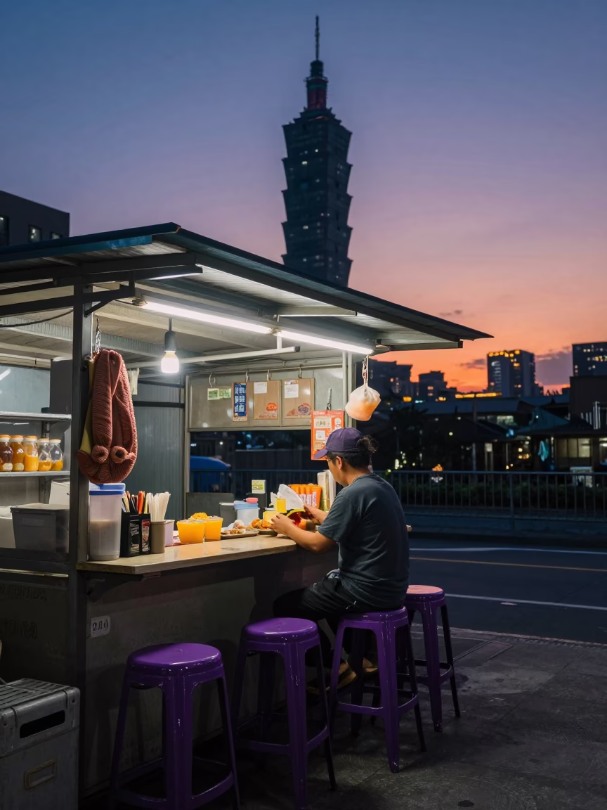 Market Stall in Taipei at As The Sun Drops Toward The Horizon in in Taipei, Taiwan