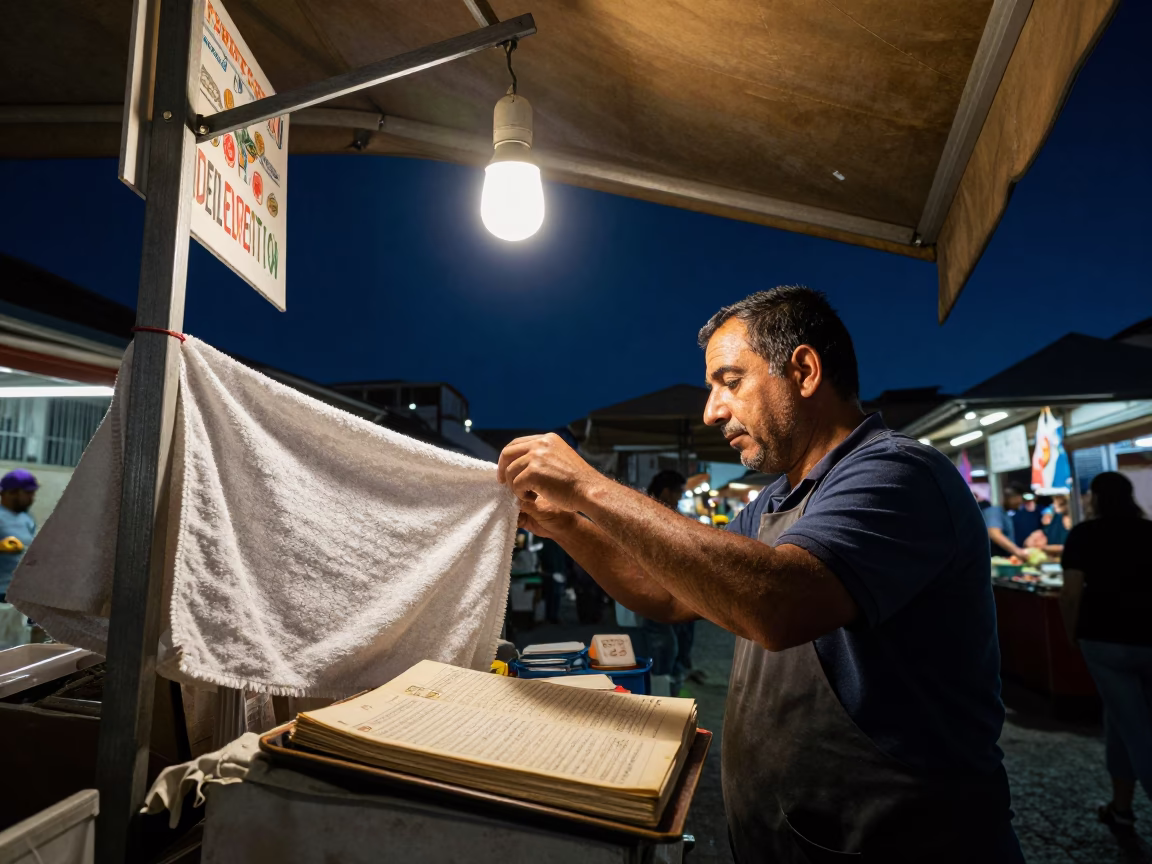 Market Stall in Valencia at The Deepest Night Sky Light in in Valencia, Spain