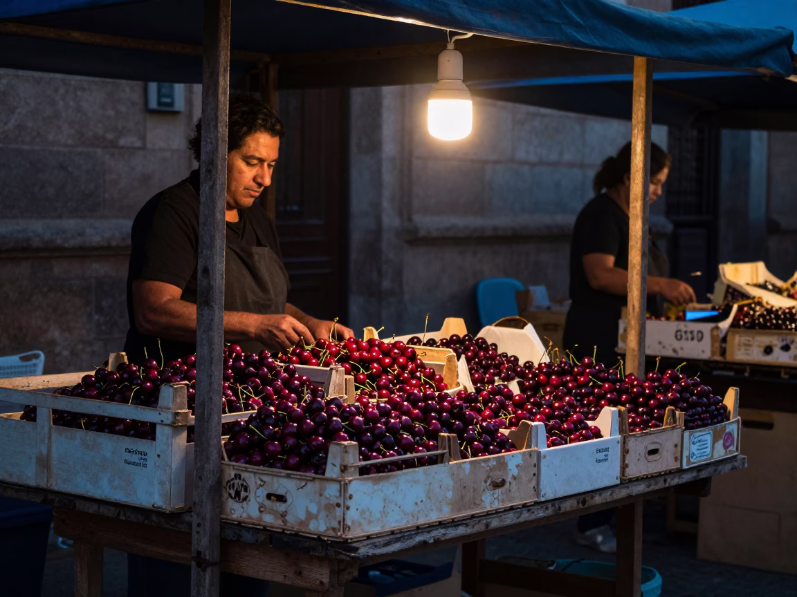 Market Stall in Valencia at The Predawn Darkness Light in in Valencia, Spain