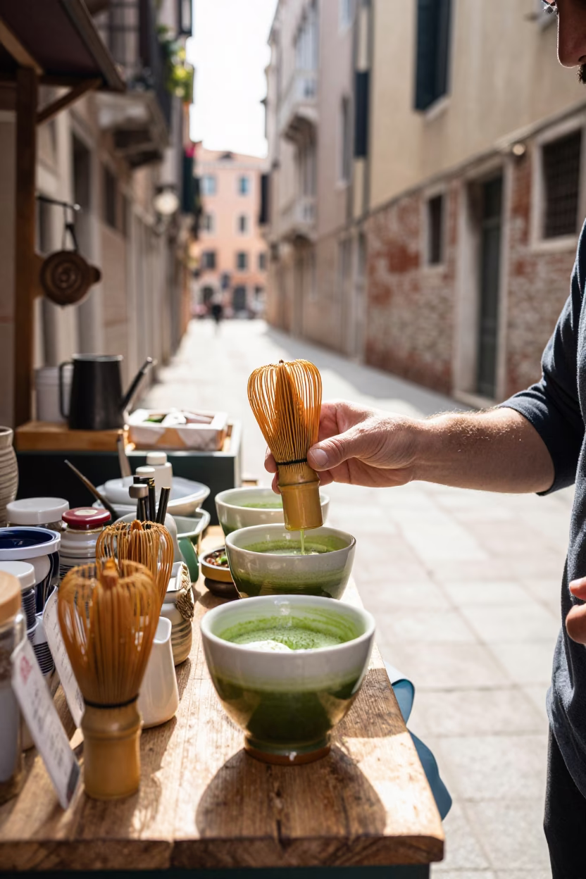 Market Stall in Venice at Bright Midmorning Light in in Venice, Italy