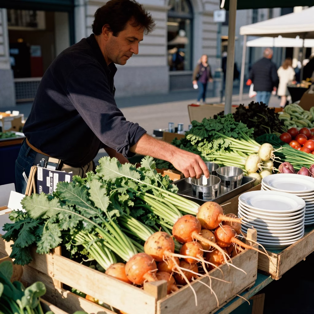 Market Stall in Vienna at Clear Late-afternoon Light in in Vienna, Austria
