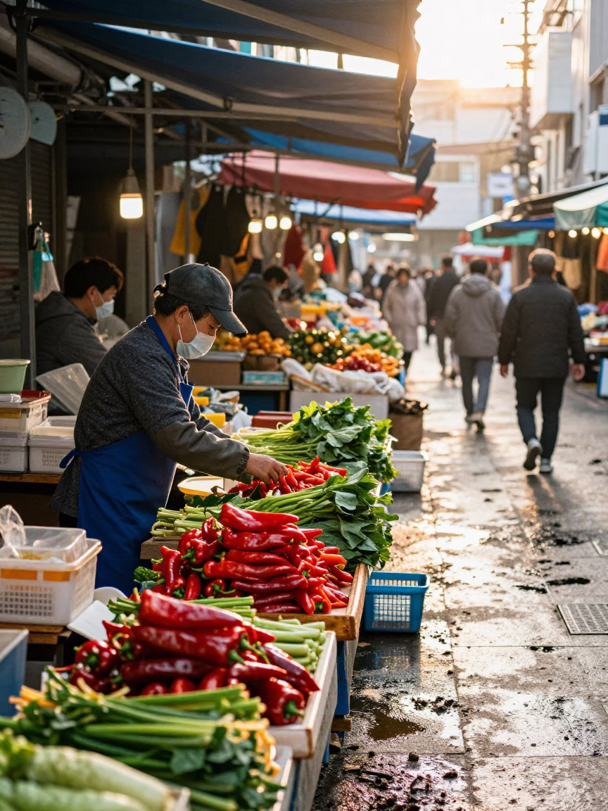 Market Stall just after sunrise in Busan in in Busan, South Korea