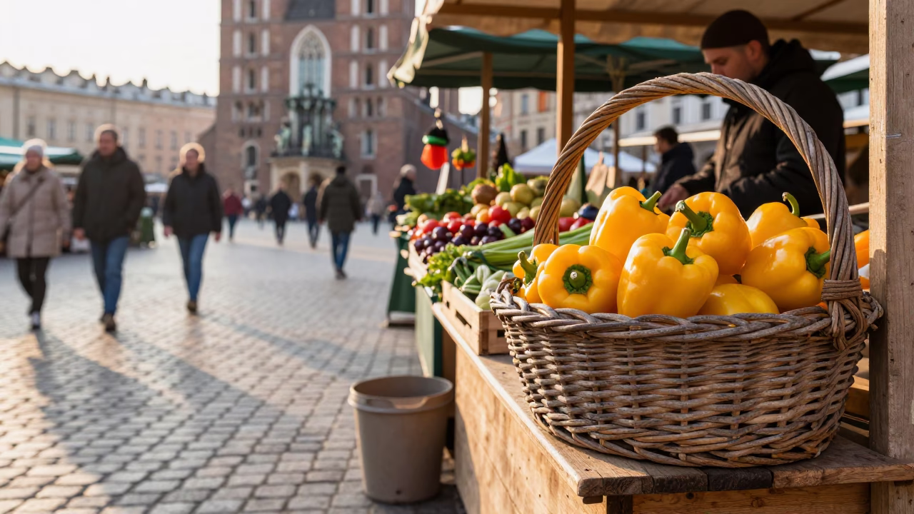 Market Stall just after sunrise in Krakow in in Krakow, Poland
