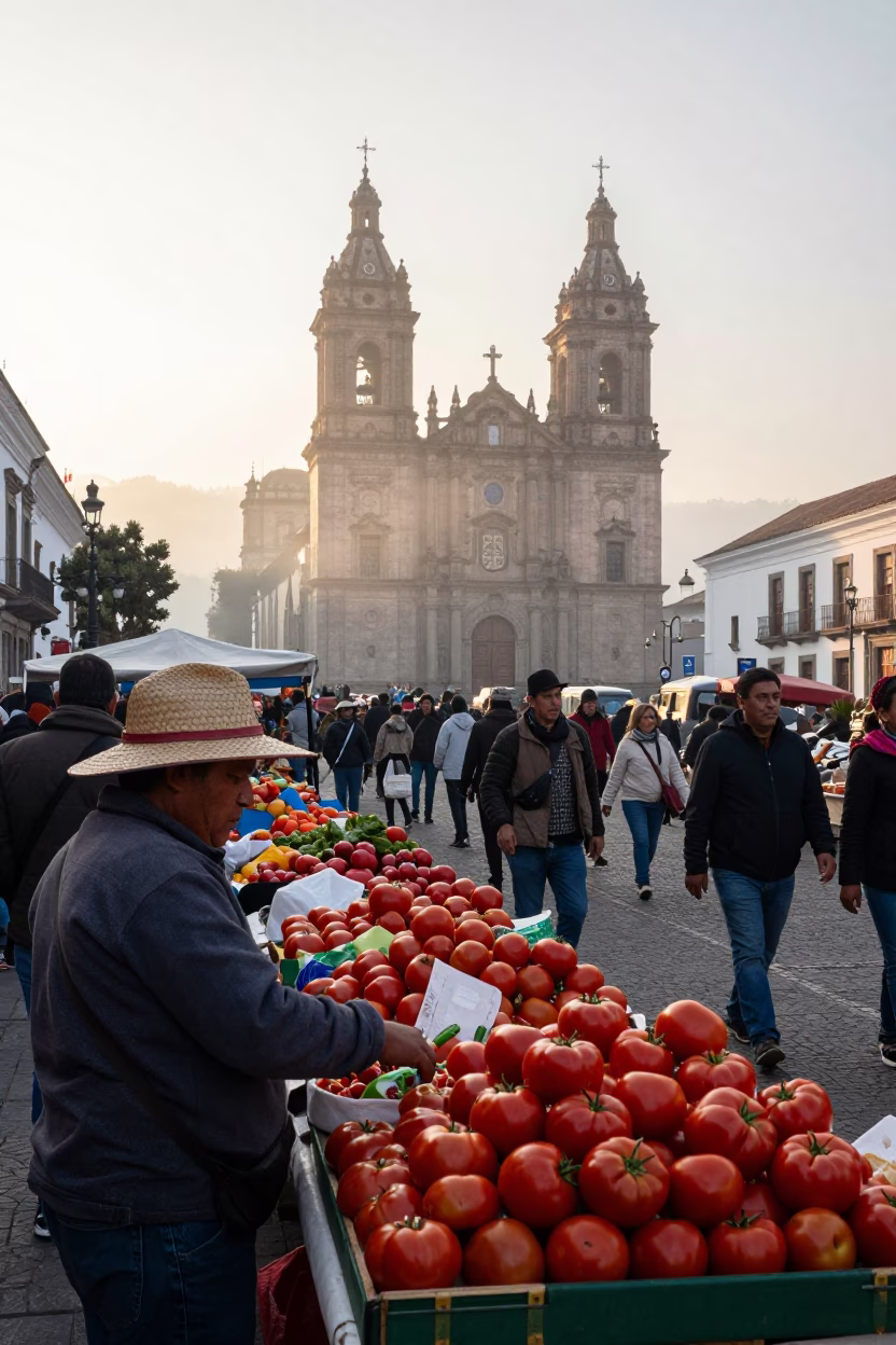 Market Stall just after sunrise in Quito in in Quito, Ecuador