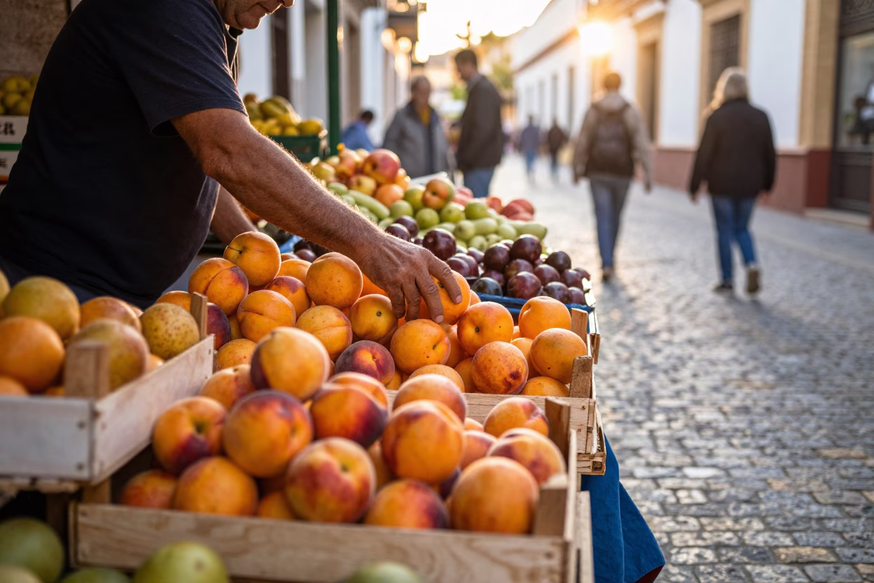 Market Stall just after sunrise in Seville in in Seville, Spain