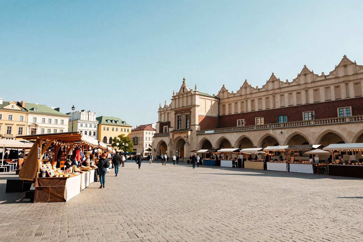 Market Stalls at Bright Midmorning Light in Krakow in in Krakow, Poland
