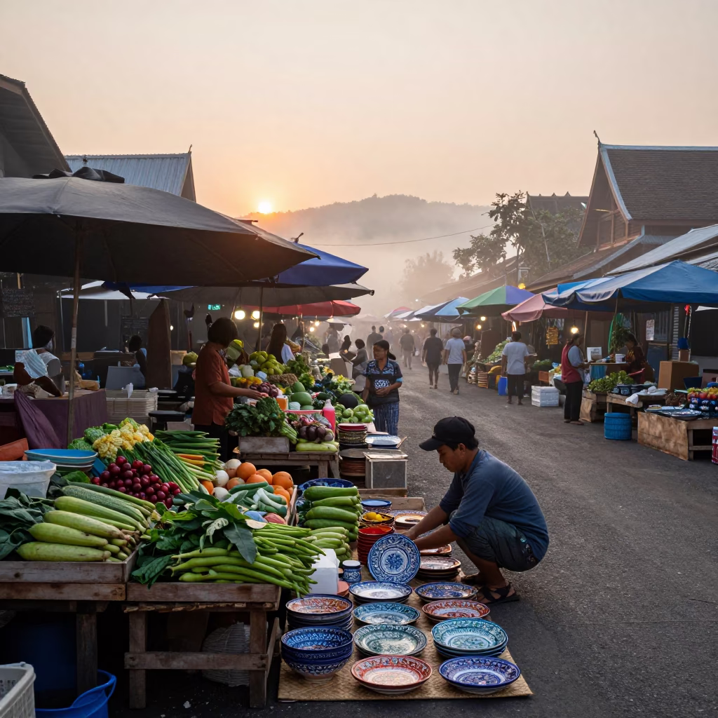 Market Stalls at Nautical Dawn Light in Chiang Mai in in Chiang Mai, Thailand