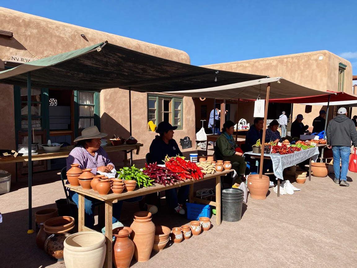 Market Stalls at The Flat Glare Of Noon Light in Santa Fe in in Santa Fe, New Mexico, United States