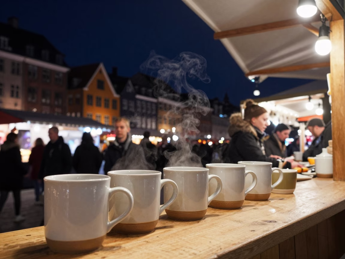Market Stalls in Copenhagen at The Deepest Night Sky Light in in Copenhagen, Denmark