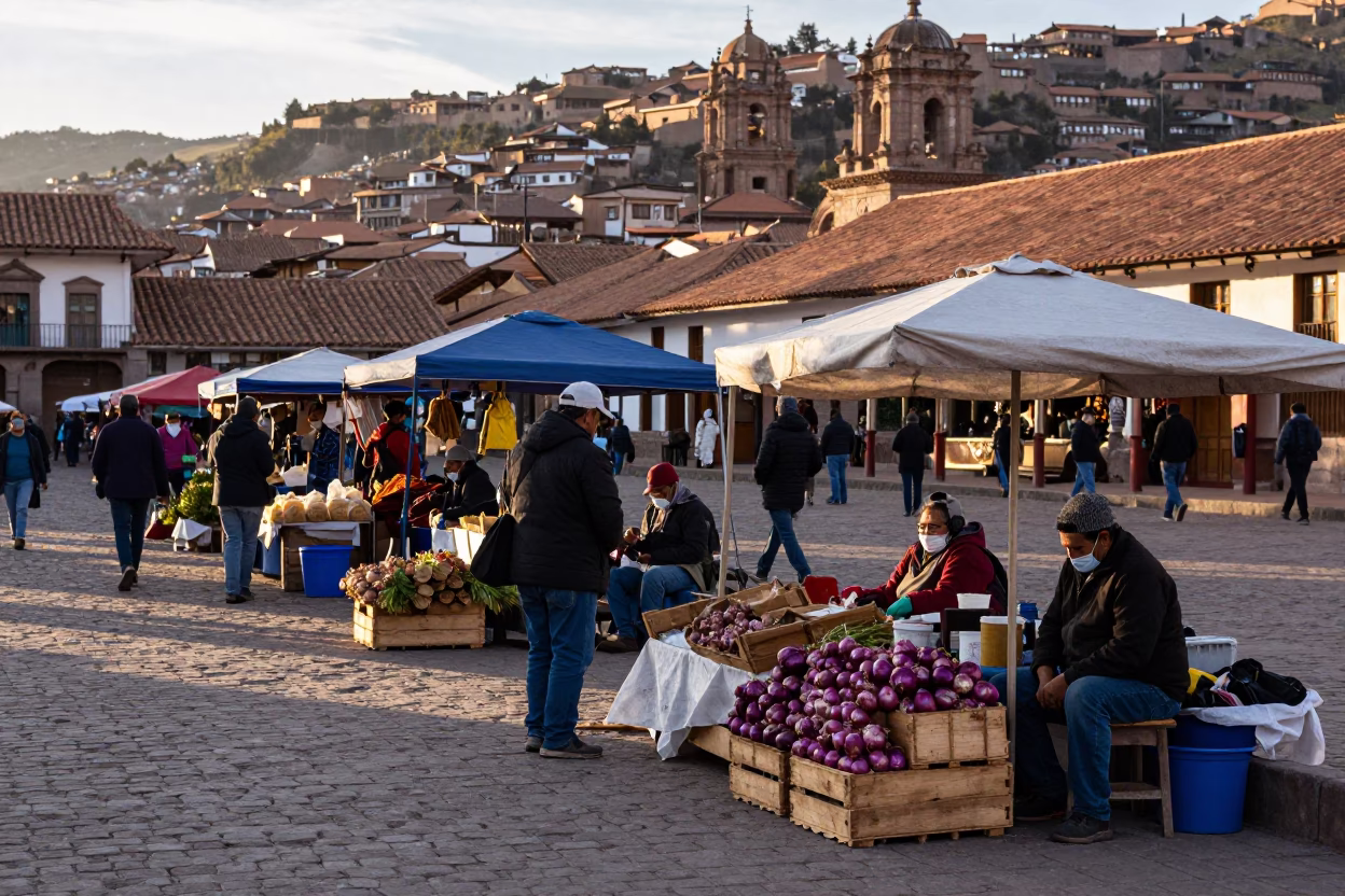 Market Stalls in Cusco at As First Light Reaches The Scene in in Cusco, Peru