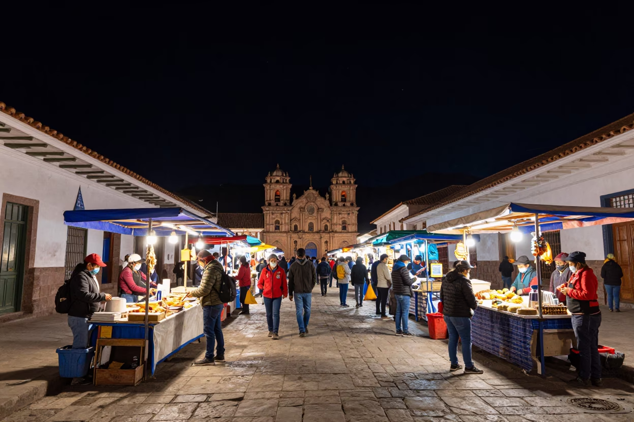 Market Stalls in Cusco at The Deepest Night Sky Light in in Cusco, Peru
