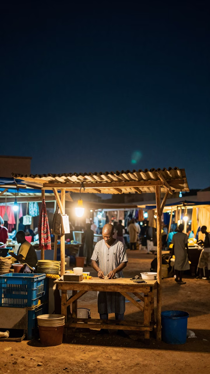 Market Stalls in Dakar at The Deepest Night Sky Light in in Dakar, Senegal