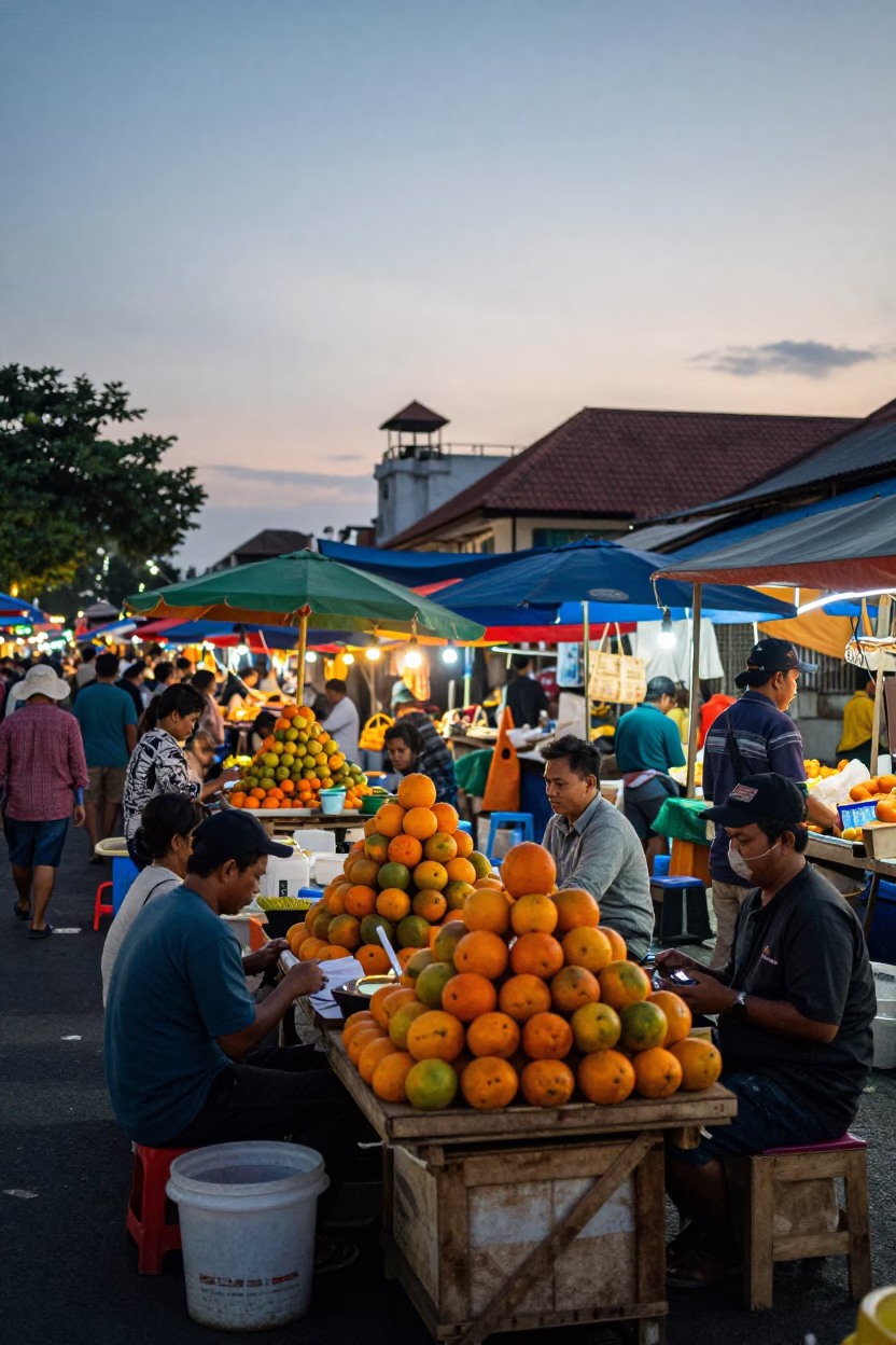 Market Stalls in Denpasar at Nautical Dawn Light in in Denpasar, Indonesia