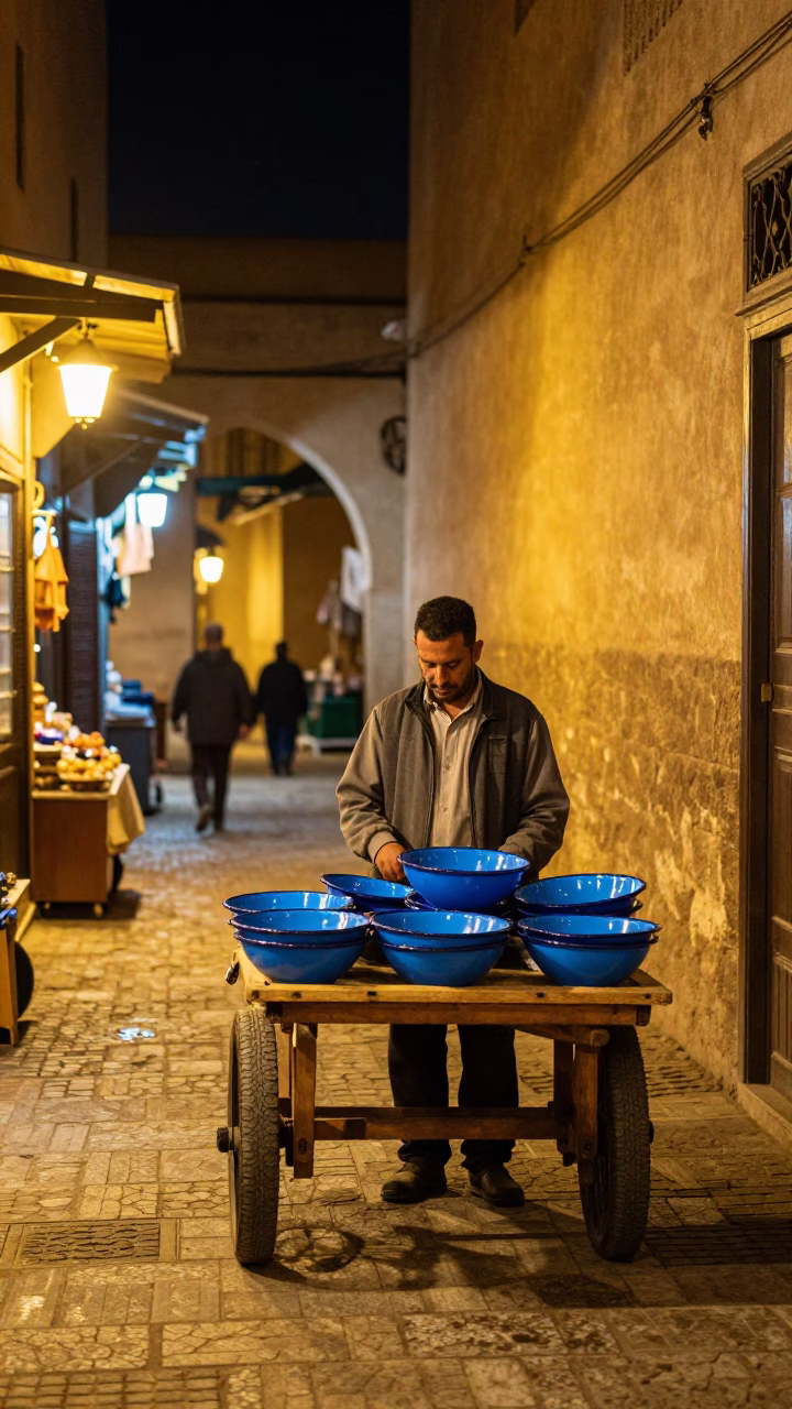 Market Stalls in Fez at Deep In The Night Light in in Fez, Morocco